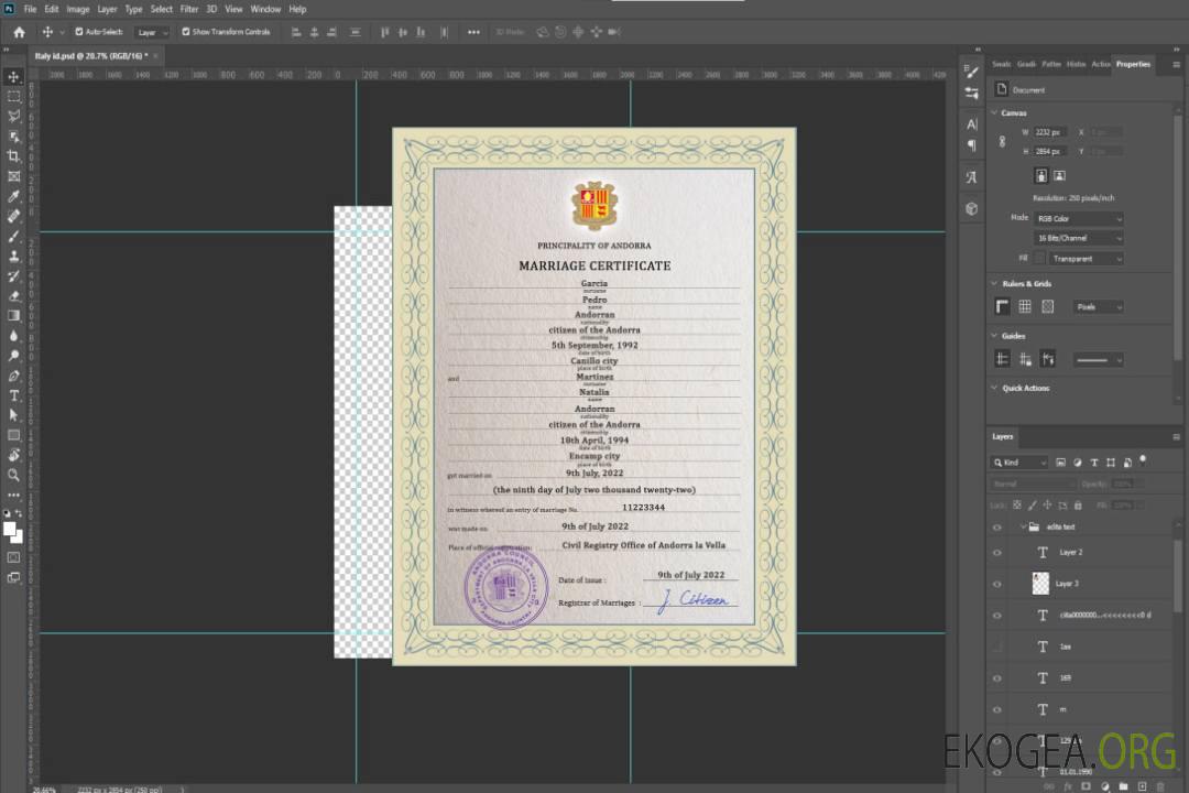 Modèle PSD de certificat de mariage d'Andorre template Modèle PSD de certificat de mariage d'Andorre template